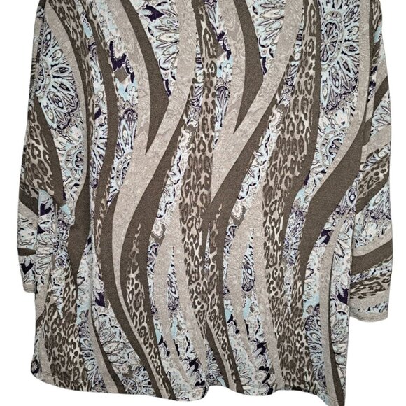 Chico's Easy Wear Brown Beige Turquoise Purple Sleeve Shirt Top Large Leopard - Picture 4 of 4
